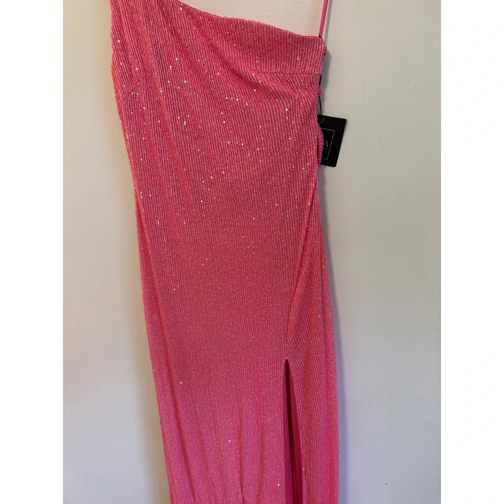 NWT IEENA for Mac Duggal Pink One Shoulder Sequin Gown Slit Cowl Back | Size 8